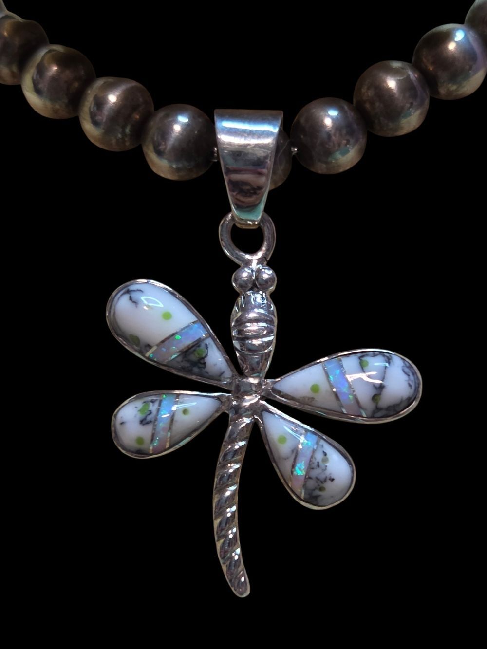 Sterling Silver Dragonfly White Buffalo Opal Inlay Pendant